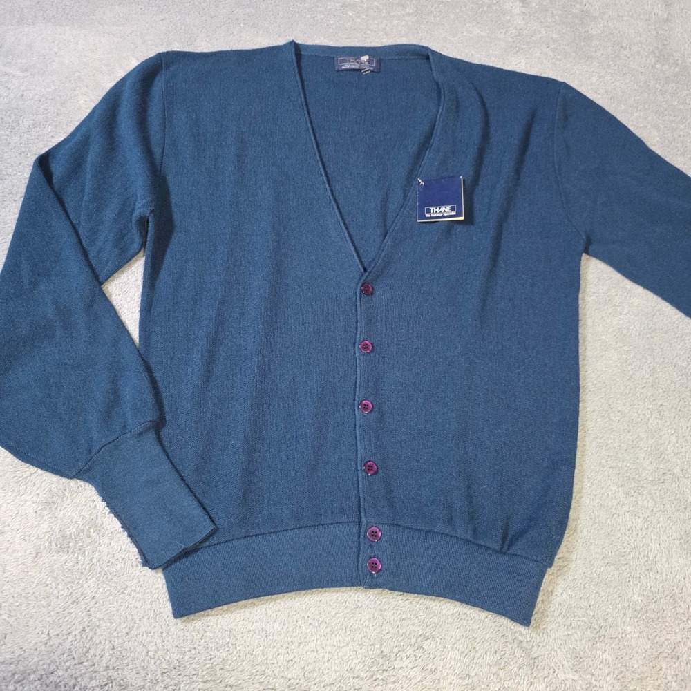 Thane Mens XL Cardigan Sweater Blue Vintage Orlon Acrylic V-Neck Made in USA